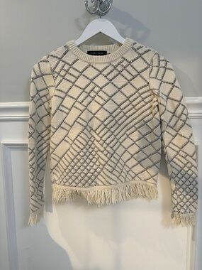 Ivanka Trump Cream and Gray Geometric Fringe Crewneck Sweater